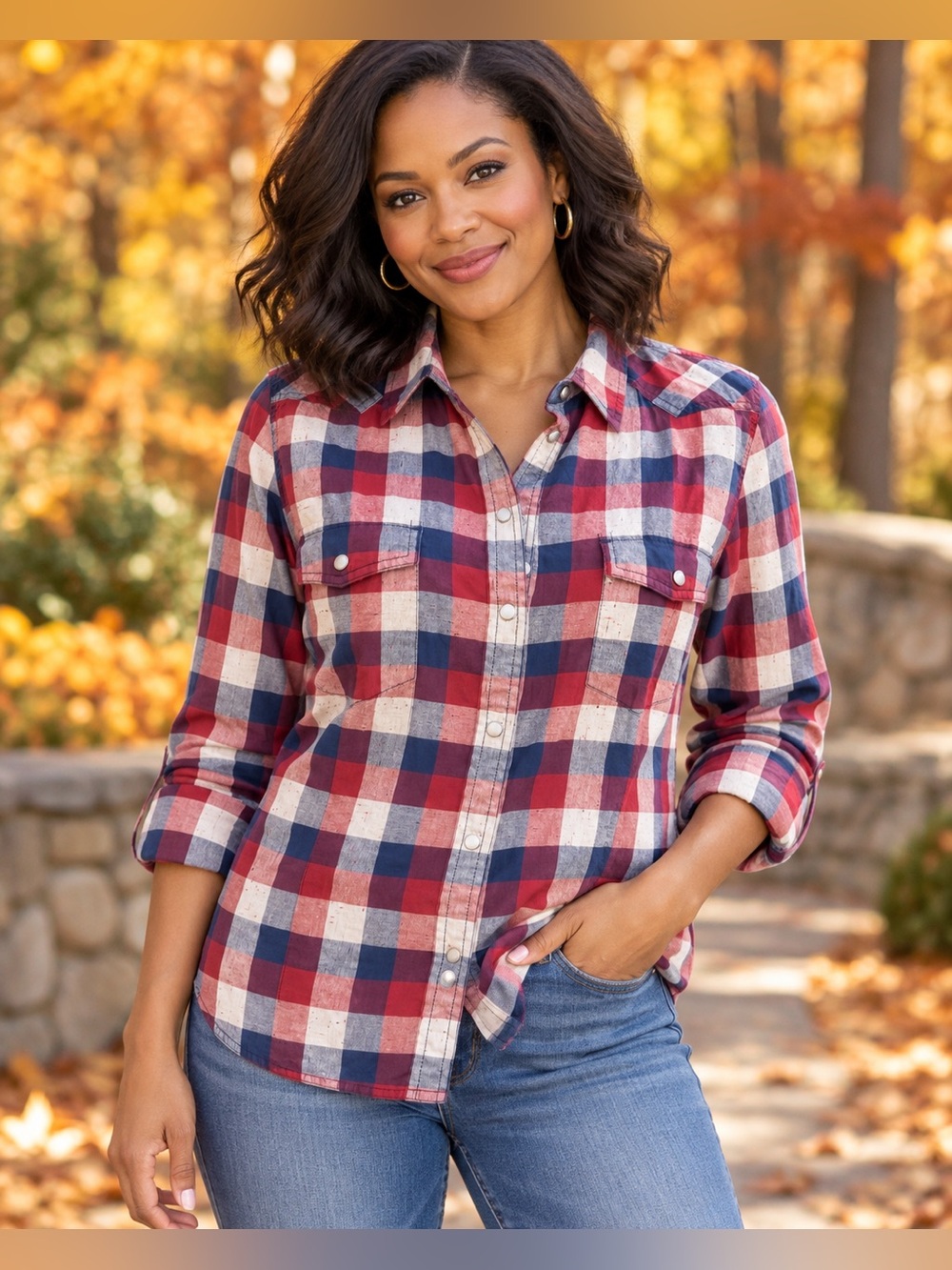 Levi’s Women’s M Red Blue Plaid Western Snap Button Shirt